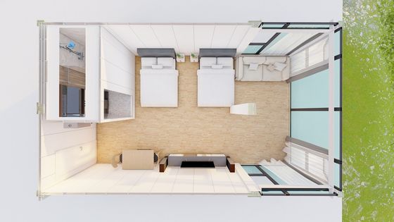 Điện có dây trước nhà container mở rộng với ánh sáng và bộ phân phối mạch